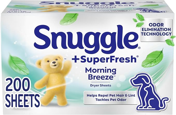 Snuggle SuperFresh Fabric Softener Dryer Sheets, 200 Count, Morning Breeze, Long-Lasting Fresh & Clean Scent, Tackles Pet Odor, Helps Repel Pet Hair, Reduces Static & Fights Wrinkles, HE Safe