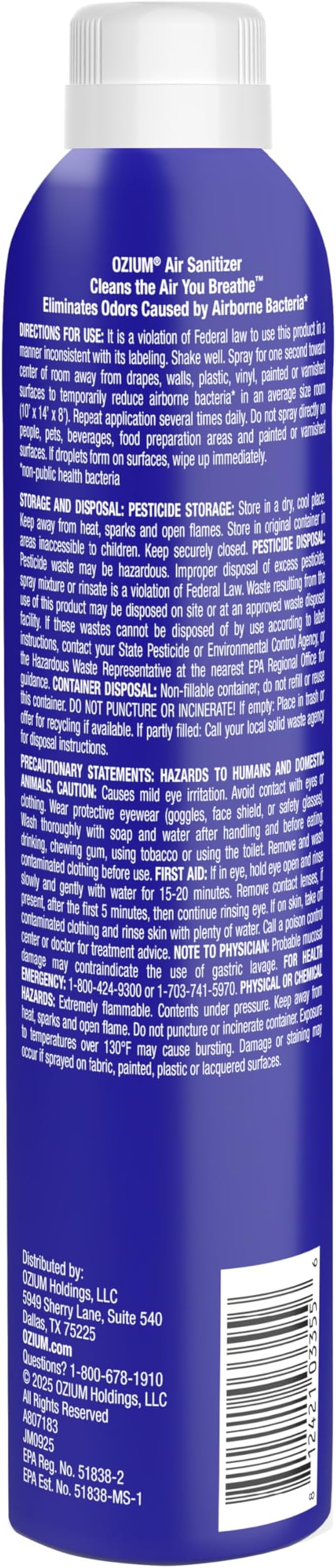 Ozium Air Sanitizer Spray - Room Odor Eliminator for Home, Car, and Office - Carbon Black - 8 oz Can - 6 Pack