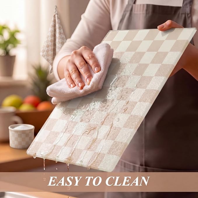 Thenshop Set of 2 Tempered Glass Cutting Boards Beige Check Countertop Cutting Boards Heat Resistant, with Non-slip Feet for Kitchen Counter Housewarming Wedding Gift 7.9x11inch+11x15 Inch