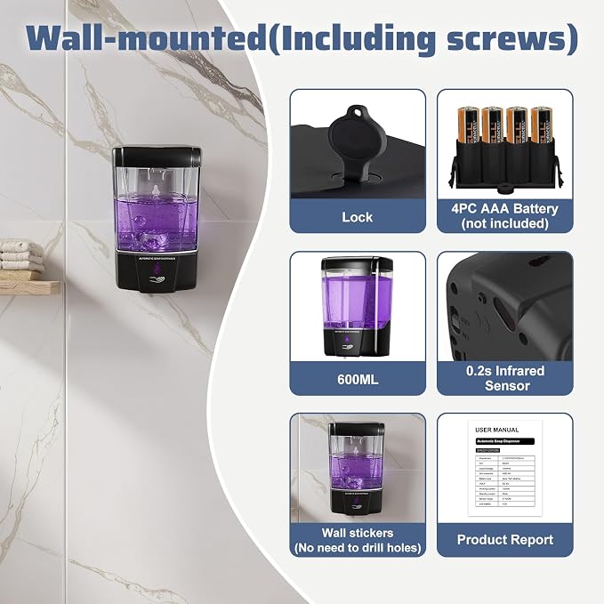 4 Pack Automatic Soap Dispenser Wall Mount,Touchless Liquid Soap Dispenser,Battery Operated,600 ml / 20 oz Commercial Hand Detergent Dispenser for Office Home Kitchen School Bathroom Hotel Restaurant