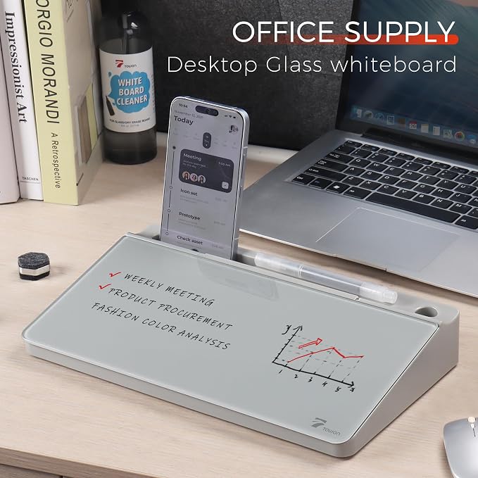 Small Compact Glass Desktop Whiteboard with Storage – 12 x 7 in Dry Erase Board for Desk, Home Office, School | Includes 5 Markers, Eraser & Holder | Space-Saving Organizer, Stone Gray
