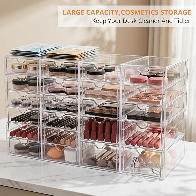 Makeup Drawer Storage Organizer with 22 Drawers, 4 Set Acrylic Office Desk Organization and Storage, Dustproof Drawer Organizer for Makeup, Office, Countertop, Jewelry, Pen, Desktop, Bathroom, Bedroom