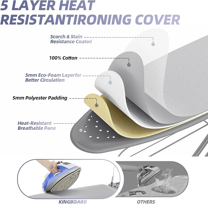 KINGBOARD Ironing Board, Compact Iron Board Full Size with Extra Thick Cover, 7 Adjustable Heights Stand with Hanger and Iron Rest, Large Heavy Duty Ironing Board with Storage Tray, 13x43 Grey