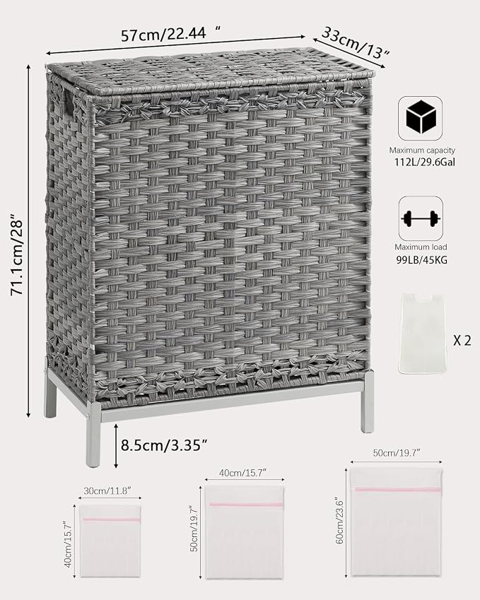 SETVSON Laundry Hamper with Lid, 112 L Handwoven PE Rattan Wicker, Gray | 2-Section Large Basket, 2 Removable Liner Bags, Heightened Metal Feet, 6 Mesh Laundry Bags, Foldable Side Handles