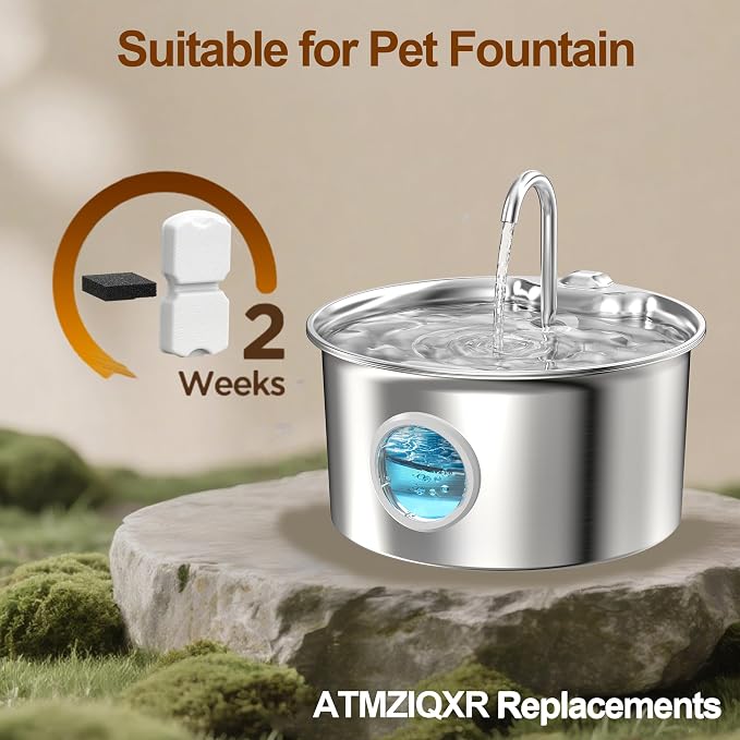 Pet Water Fountain Filters: 24 Per Fountain Filter Replacement - 6 Months Set of Replacement Filters for ATMZIQXR S18 - Contains 12 Carbon Filters + 12 Sponges Filters