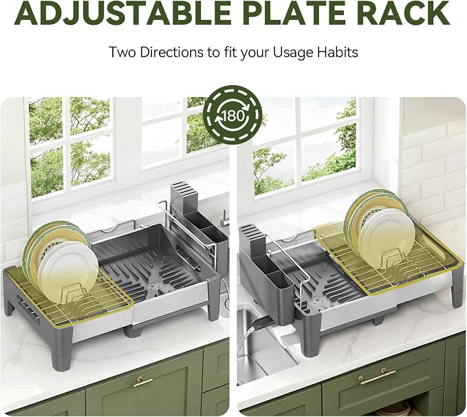 Urackify Expandable Dish Drying Rack, Stainless and Aluminum Frame, Gray | Dish Drainer for Kitchen Counter, Space Saving Kitchen Drying Rack with Movable Utensil Holder, 19.69"L x 13.46"W x 9.06"H