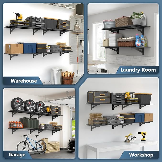 Jusgym 4 Pack Heavy Duty Garage Wall Shelving (1.5x4ft), 1400lbs Capacity Garage Shelving Wall Mounted, 18"x96"Garage Storage Rack Floating Shelves, Black