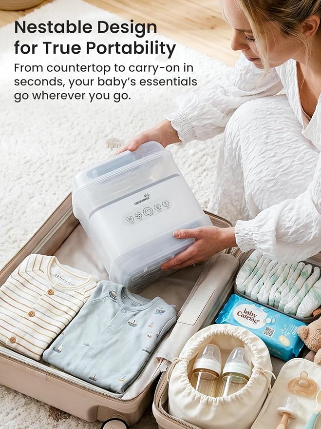 Grownsy Bottle Sterilizer and Dryer, 6 Bottles Capacity, Space Saving Nesting Design Bottle Sanitizer Esterilizador de Biberones for All Size Bottles & Breast Pump Accessories, Travel Set Included