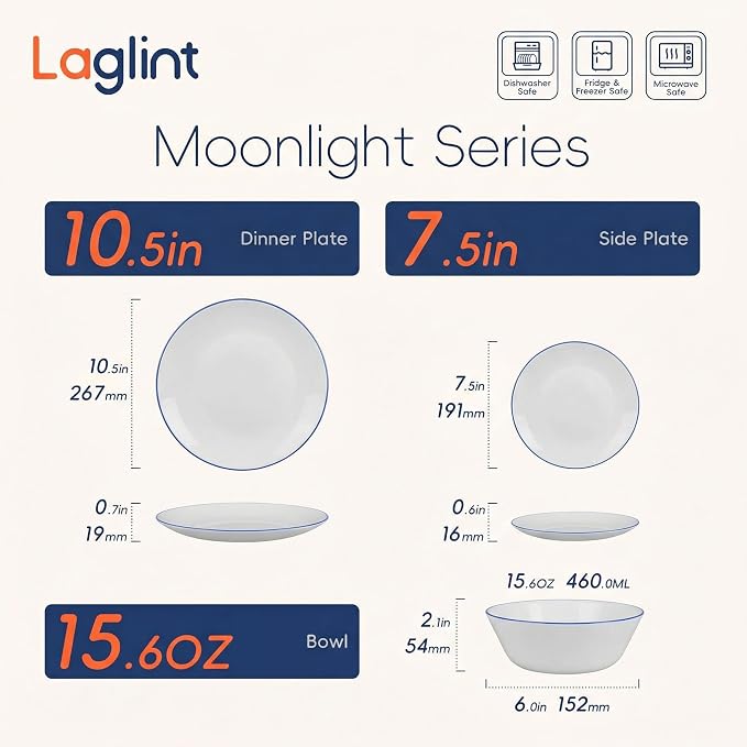 Dinnerware Sets for 4, 12 Piece Navy Blue Rim Opal Glass Set | Plates and bowls with dishwasher and microwave safe design, chip and scratch resistant dishware for stylish dining