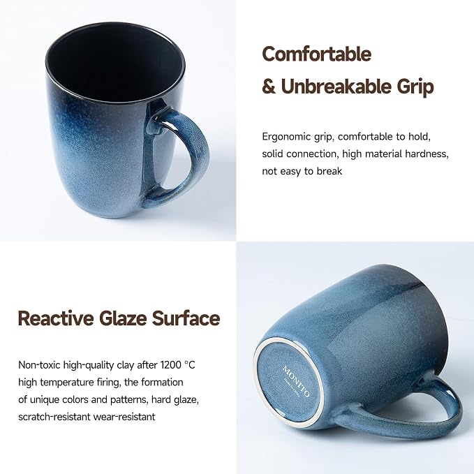 MONITO 14oz Ceramic Coffee Mugs Set of 6,Ice-Snow Blue Mugs with Handle | Perfect for Latte, Cappuccino, Tea & Cocoa, Ideal Reusable Drinking Cups for Home, Kitchen & Office Daily Use