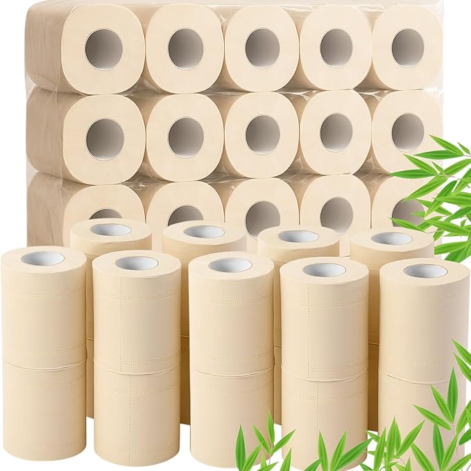 Feifeiya Bamboo Toilet Paper, 4 Ply 100 Rolls, Unbleached, Strong & Soft Toilet Tissue Bulk, Chemical Free Bathroom Tissue Rolls