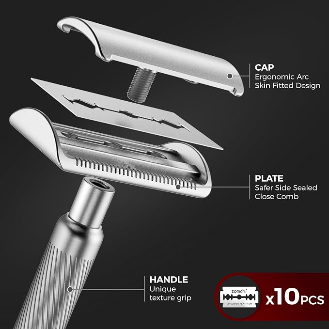 Double Edge Safety Razor with Stand, Version 2.0 Includes 10 Blades | Classic silver finish with a clean metallic look that complements any grooming setup.