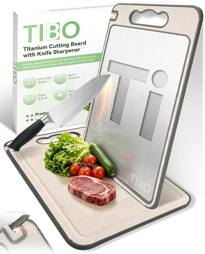 TIBO Titanium Cutting Board with Knife Sharpener, 14.3"L x 9.8"W Double-Sided Small Board (Titanium & Wheat Straw PP) for Meat, Fruit & Vegetable, Hand Wash