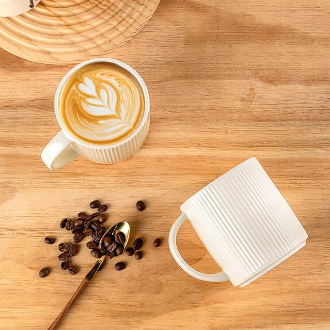 theterra Ceramic Coffee Mugs Set of 4, 14.2oz Handmade Coffee Cups with Handle for Latte, Tea, Milk, Beer, Hot Cocoa, Reactive White
