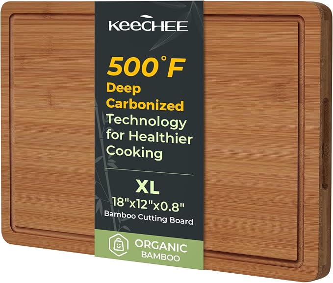 Keechee Carbonized Bamboo Cutting Board for Kitchen, XL Chopping Block | Deep juice grooves, built-in handles, extra large surface for carving meat, turkey and BBQ