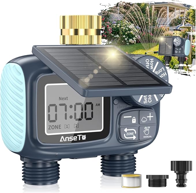 Solar Sprinkler Timer,Brass Inlet Hose Timer for Garden Hose,Programmable Water Timers,Plant Watering Devices,Garden Watering System, Rain Delay/Manual/Automatic Irrigation System, 2 Outlet