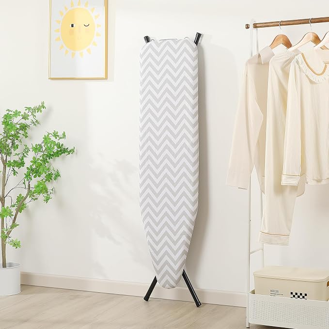 Amazon Basics Height Adjustable Full-Size Foldable Ironing Board, 4-Leg Fold-Up, Chevron Removable Cover, 60" x 14" x 38"