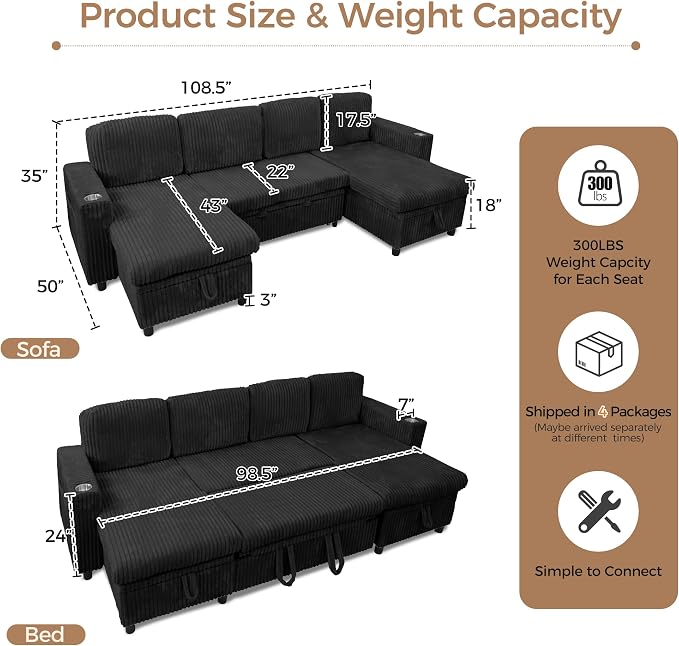 U-Shaped Couch with Pull-Out Bed. Sectional Sleeper Sofa, Black | Hidden Storage, USB & Type-C Port, Cup Holders, Cloud Corduroy, Modular Design for Living Room, Apartment, Easy Assembly
