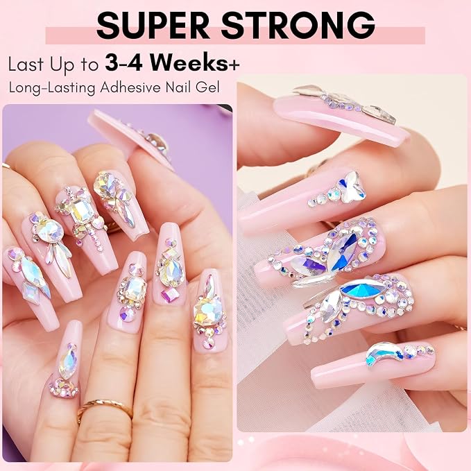 Makartt Nail Rhinestone Glue for Nails: 60ML Super Strong Gel Glue | for Rhinestones, 3D Art Charm Decorations Bling Gem Bow Jewels Crystals Beads Diamonds Pearls, Beauty Gift, UV Lamp Need