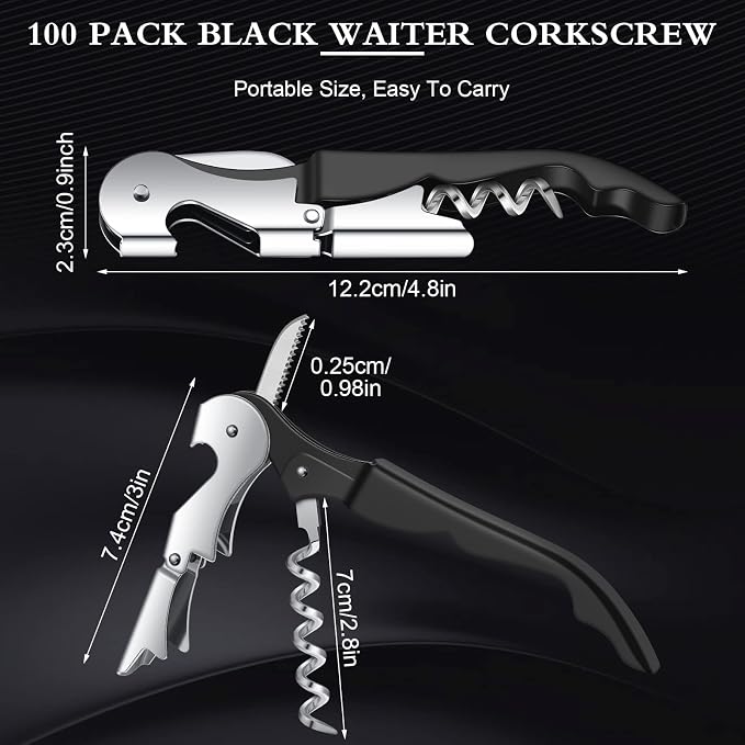 Waiter Corkscrew Wine Openers Heavy Duty Hinges Wine Key Bottle Opener All in One Double Hinged Waiter's Corkscrew with Foil Cutter Wine Tools for Bartenders Servers Sommelier (Black, 100 Pack)