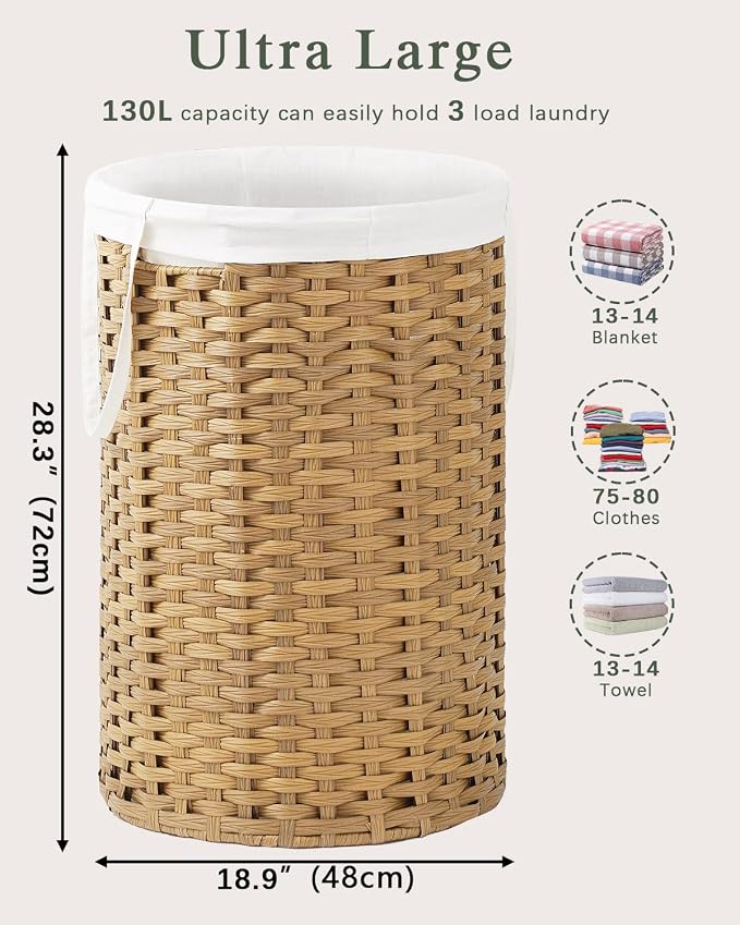 SETVSON 34.3 Gal (130 L) Large Laundry Hamper Laundry Basket Round Handwoven Wicker Laundry Baskets Rattan Laundry Basket with Removable Bag Handles 2 Mesh Bags for Living Room Bedroom Natural(No Lid)