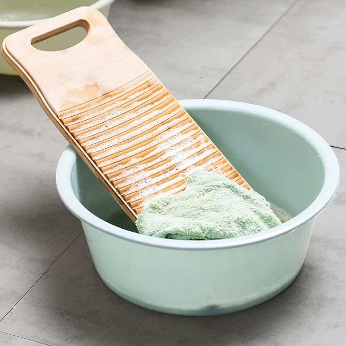 Tyenaza Wooden Color Bamboo Washboard - 19.7in Long, Thick NAT-Ural Bamboo, Wear - Resistant Wash Board with 1 Pair of Gloves and Soap Net for Home Laundry