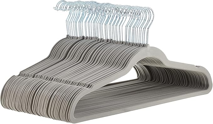 Amazon Basics Slim Velvet Non-Slip Space Saving Suit Clothes Hangers, Closet Organizer, Gray/Silver, 50-Pack