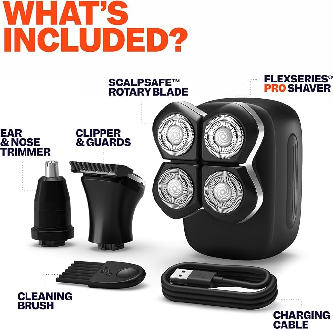 Freebird Electric Head & Body Hair Shaver - Mens Cordless Waterproof Razor with Rotary Blades (FlexSeries Pro, Shaver Kit + Travel Case)