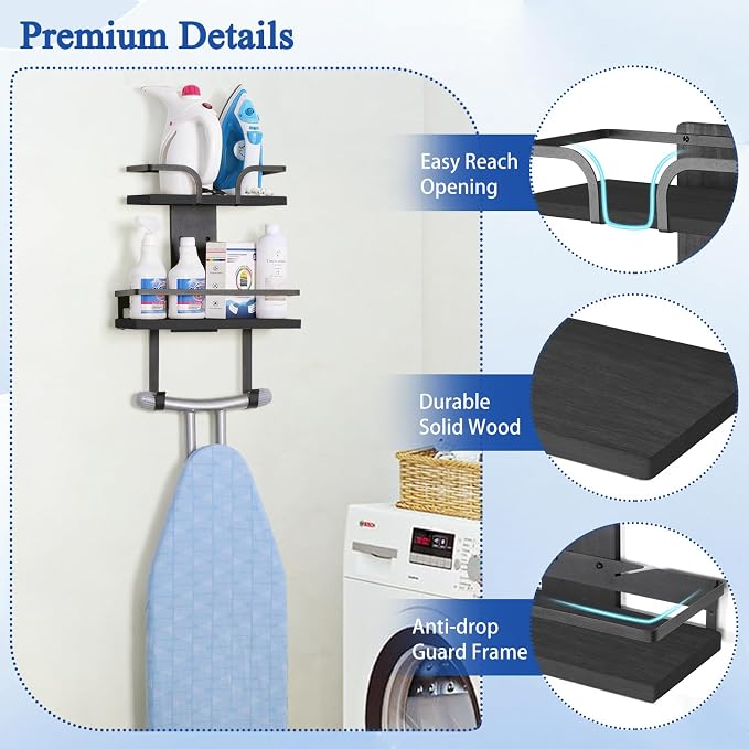 VINAEMO Ironing Board Hanger Wall Mount, 2-Layer Iron and Ironing Board Holder, Laundry Room Shelves Solid Wood with Removable Hooks Home Organization and Storage