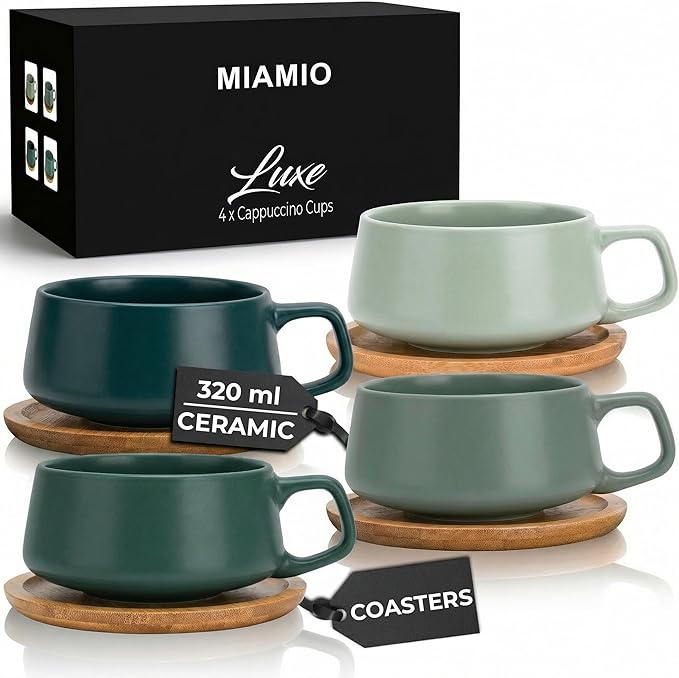 MIAMIO - Cappuccino Cup Set of 4, Ceramic Mugs (9.5 oz) - Luxe (Evergreen) | Ceramic cappuccino cups with saucers, wide latte cups and mugs for Americano, 4-piece set of ceramic cups - dishwasher safe