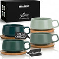 MIAMIO - Cappuccino Cup Set of 4, Ceramic Mugs (9.5 oz) - Luxe (Evergreen) | Ceramic cappuccino cups with saucers, wide latte cups and mugs for Americano, 4-piece set of ceramic cups - dishwasher safe