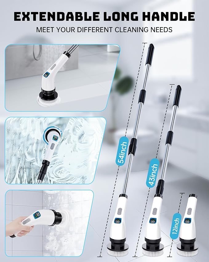 Electric Spin Scrubber for Cleaning Bathroom - Shower Cleaner Brush with Long Handle - Cordless Power Scrubber with 7 Brushes Heads, IPX7 Waterproof Scrub Brush for Bath Tub Tile Grout Glass Tool