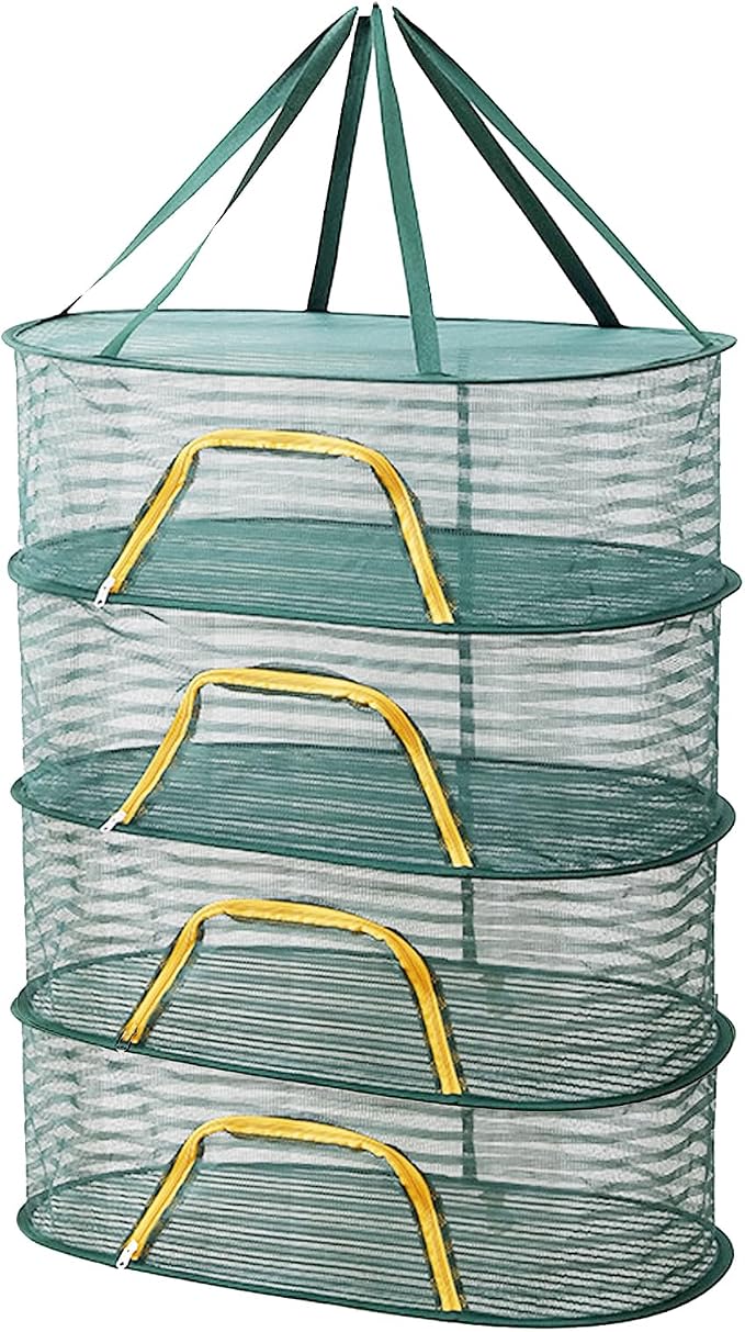 Foldable Drying Net for Vegetables, Fish, and Dehydrated Goods, Multi-Tiered Food Drying Net, Versatile Drying Rack, Windproof Design, Zipper Closure for Insect Protection 4Layer Green