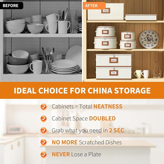 Aokeyee 8-Piece China Storage Containers Set, Hard Shell Moving Boxes for Dishes, Plates, Mugs, Wine Glass & Flatware – Dinnerware Organizer with Soft Felt Dividers, Sturdy Handles & Zippers, Ivory