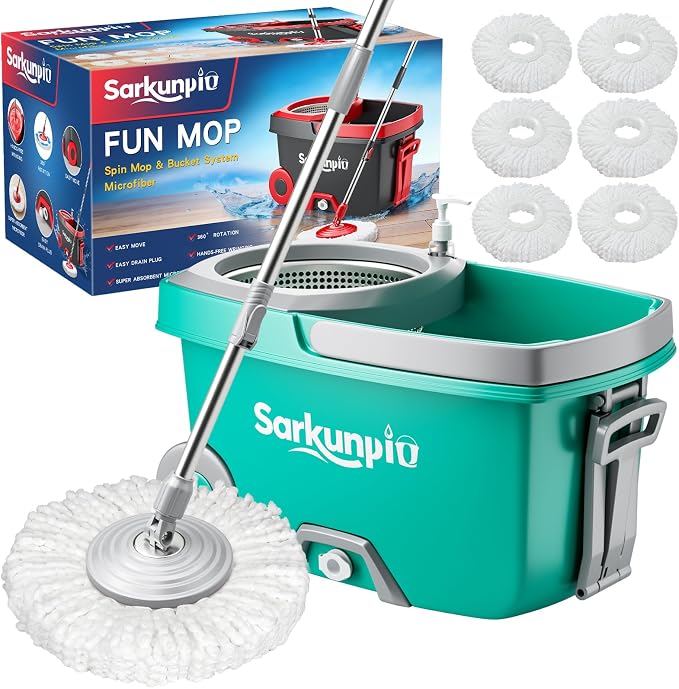 Mop and Bucket Set with 6 Replacement Microfiber Heads, Blue | Spin mop with wringer, 61-inch extra-long handle, spinning mopping floor cleaning system for home floor