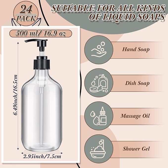 Tessco for You 24 Pcs Clear Soap Dispenser Empty Plastic Pump Bottles Refillable Shampoo Container for Hand Sanitizer Soap Lotion Body Wash Conditioner Bathroom Kitchen Travel, 16.9oz
