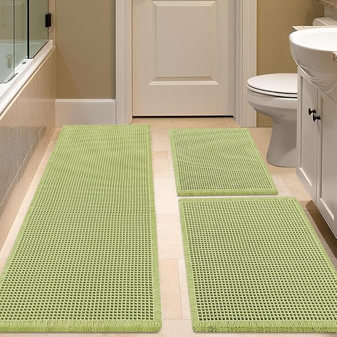 IM HOME Waffle Bath Mat Set 3 Piece Sage Green,Woven Modern Bath Rug Mats, Absorbent Non Slip Bath Floor Mat, Soft Washable Boho Bath Rugs with Tassels for Bathroom, Bedroom, Kitchen,Tub