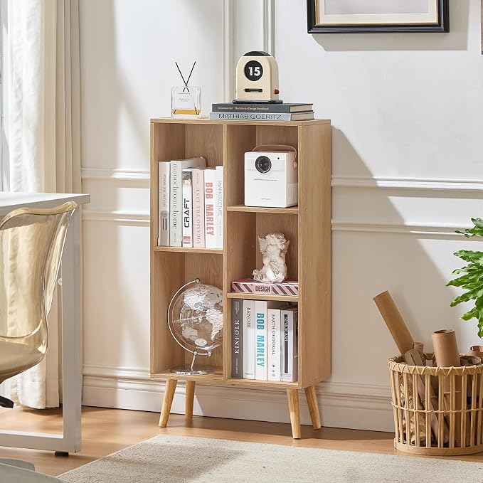 LEYAOYAO 5 Cube Bookshelf,Mid-Century Modern Bookcase with Legs,Light Wood | 3 Tier Book Shelf,Rustic Wood Bookshelves Freestanding Small Storage Organizer, Open Shelves for Bedroom, Living Room, Office