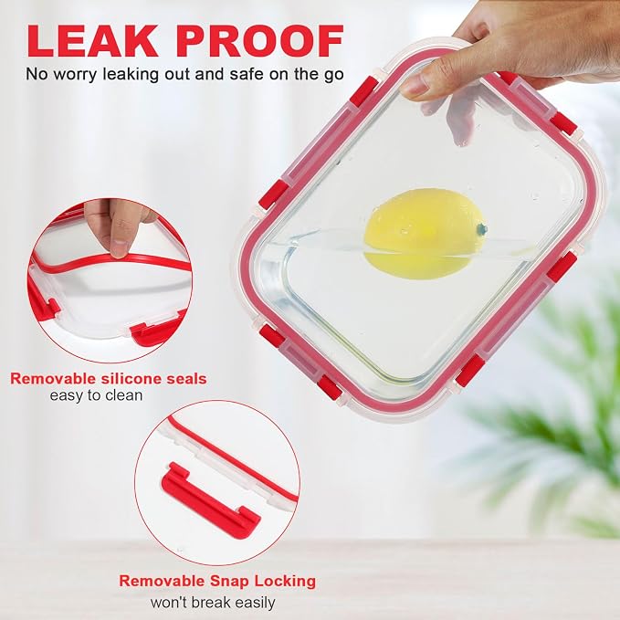 30 Pieces Glass Food Storage Containers Set, Meal Prep Containers Set with Snap Locking Lids, Airtight Glass Lunch Containers, Microwave, Oven, Freezer & Dishwasher, Red