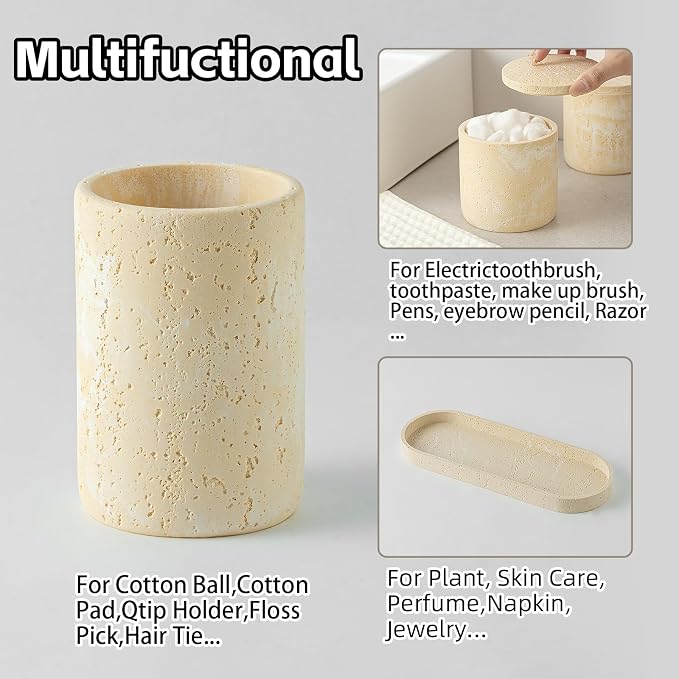 Bathroom Accessories Set, Travertine Stone-Look, 6 PCS, Yellow | Bathroom Accessory Set with Soap Dispenser, Toothbrush Holder, Tumbler, Vanity Tray, Cotton Swab Jars for Countertop