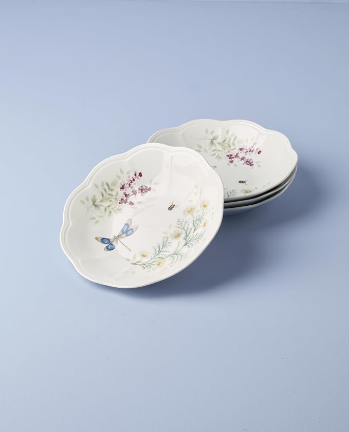 Lenox Butterfly Meadow Herbs Porcelain Pasta Bowl Set for 4, 26oz | Dishwasher safe, microwave safe | floral design | kitchen and dining essential | 1.75 inch, 26oz, gift for women