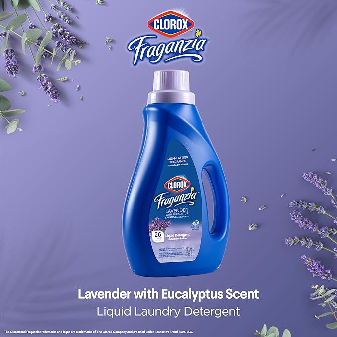 Clorox Fraganzia Liquid Laundry Detergent, Lavender with Eucalyptus Scent - HE Compatible for All Front and Top Load Washing Machines, Long-Lasting Fragrance, 26 Loads, 40 Fl Oz
