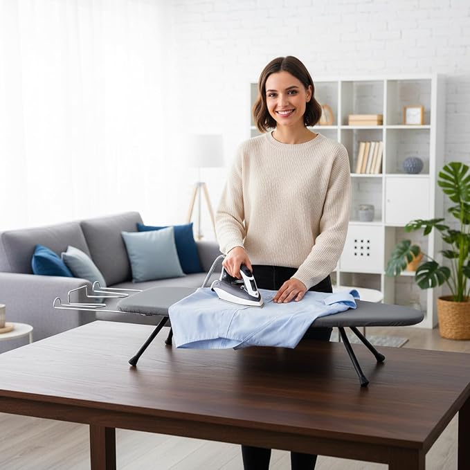 Metal Mesh Panel Tabletop Ironing Board | Foldable Iron Board | Heavy Duty Small Iron Board with Heat Resistant Cover and 100% Cotton 8mm Thicken Pad (Grey)