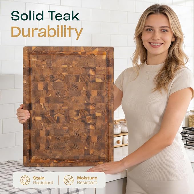 Yes4All Durable Teak Cutting Boards for Kitchen, [24''Lx18''Wx1.5” Thick] Extra Large End Grain Cutting Board, Pre Oiled Wood Cutting Boards, Thick Chopping Board w/Juice Grooves and Easy Grip Handle