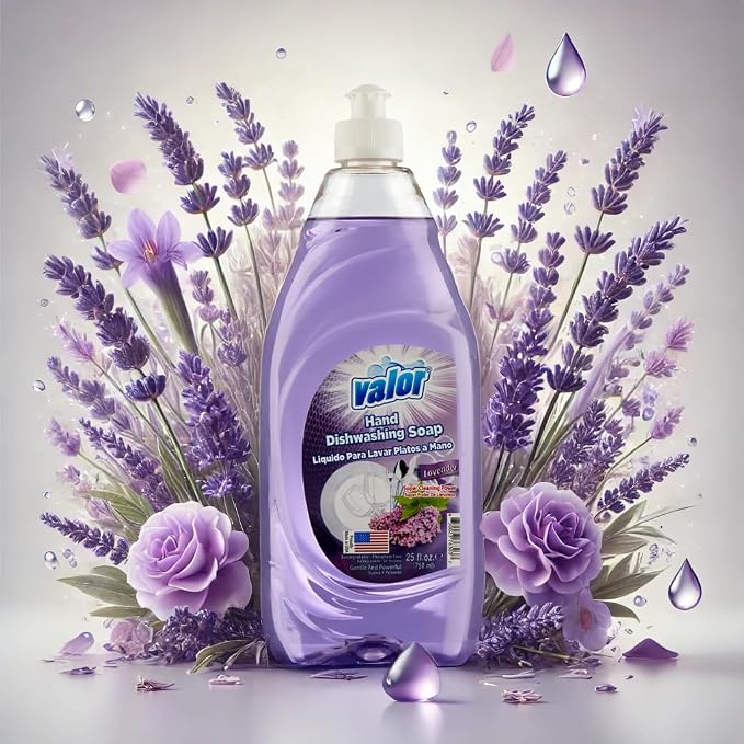Valor Dishwashing Liquid, 25 fl oz – Dish Soap for Kitchen & Bathroom, Grease-Fighting, Gentle on Hands, Fast Rinse, Eco-Friendly Biodegradable Formula (25.5 oz (Pack of 6), Lavender)