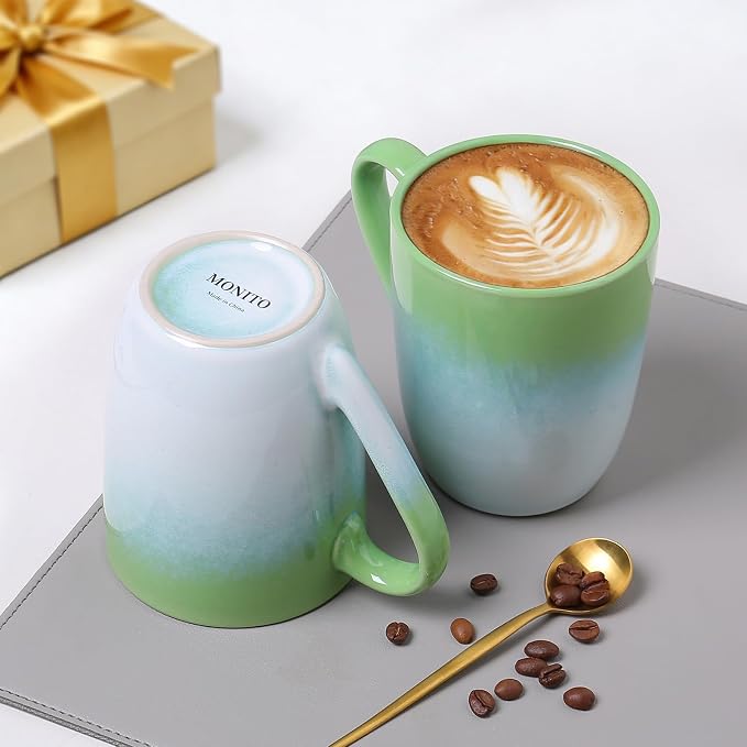 MONITO 17oz Ceramic Coffee Mugs Set of 6, Green Gradient Mugs with Handle | Mugs with Gold Rim for Latte,Tea&Cocoa,Dishwasher&Microwave Safe,Reactive Glaze Cups,Ideal Gift for Office and Home Use