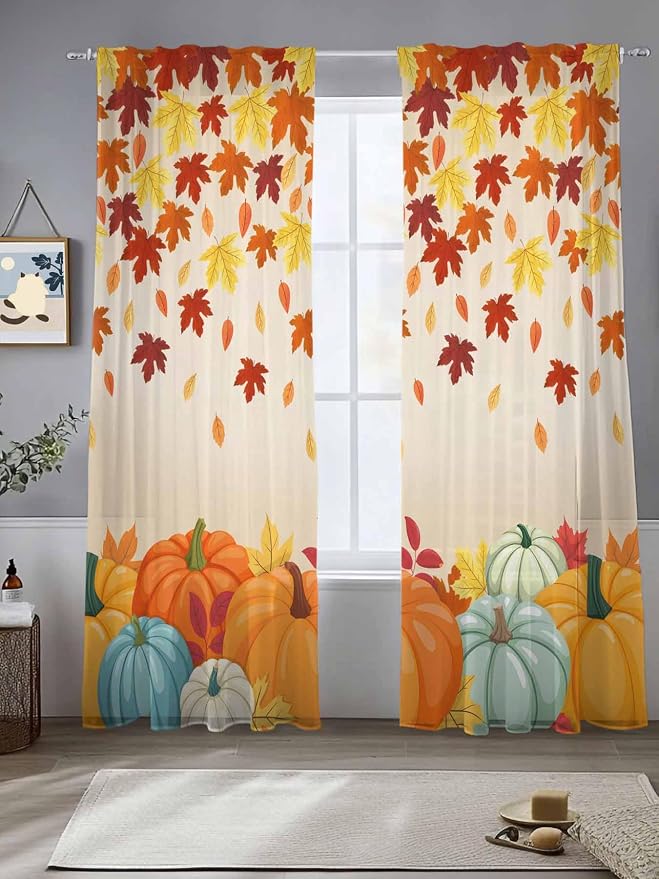 Thanksgiving Fall Chiffon Semi-Sheer Curtain 108 Inch,Autumn Pumpkins Maple Leaves Rod Pocket Voile Window Curtain Panels,Orange Watercolor Tulle Curtains Drape for Living Room/Sliding Door, 104"x108"