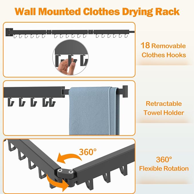Kelisiting Wall Mount Clothes Drying Rack, 2-Fold Foldable & Sturdy Laundry Drying Rack Wall Mounted, [No Drilling] Space Saver for Laundry, Balcony, Bathroom, Patio, Dormitory, Apartment-Black