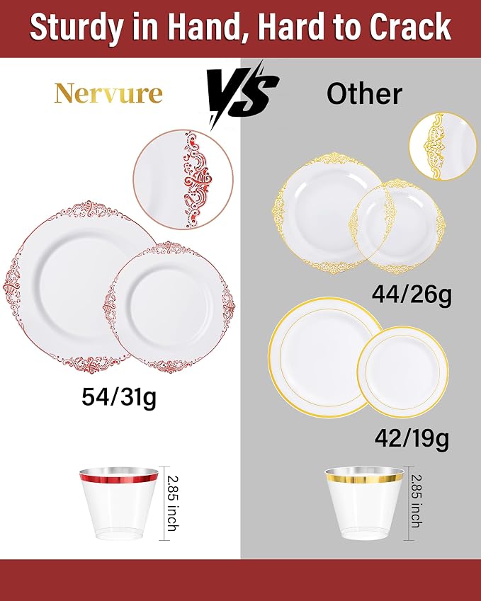 Nervure 350PCS Red Plastic Plates - White Red Plastic Dinnerware Set for 50 Guests - 100 Red Disposable Plates, 50 Pre Rolled Cutlery Set, 50 Cups Perfect for Wedding & Party