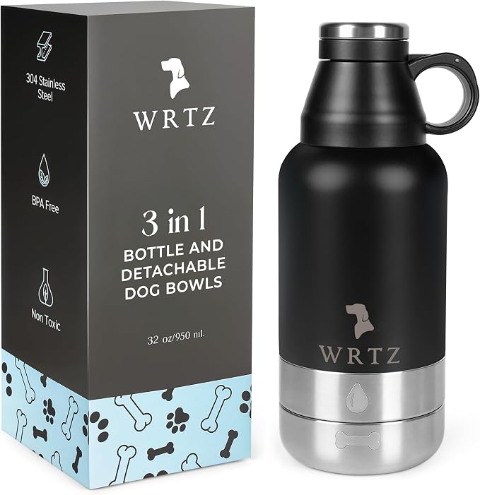 Portable Dog Water Bottle with 2 Removable Water Bowls for Dogs – Leak-Proof Insulated Stainless Steel Dog Water Bottle - Travel Accessories for Dogs - 32oz - Black